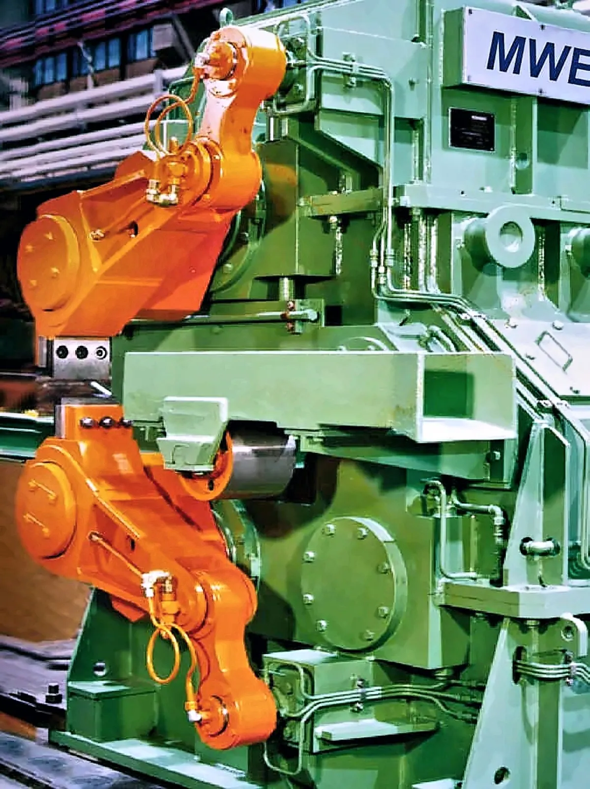 Rolling mill shear bearing the MWE nameplate